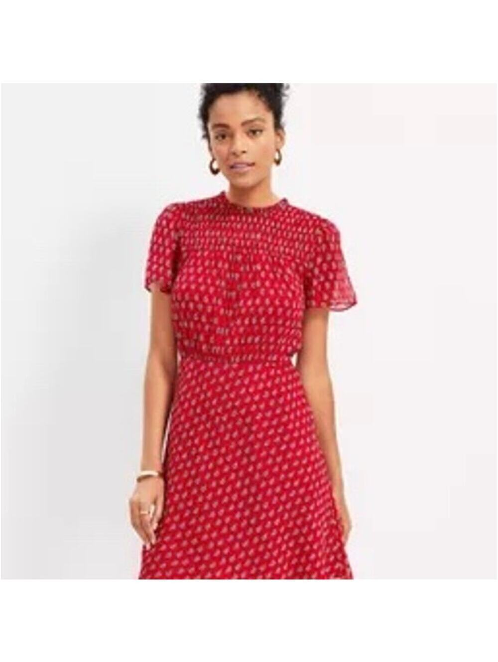 Loft NWT Women's Red Paisley Smocked Flare Mini Dress Size 8